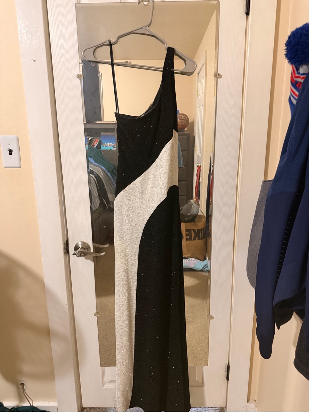 Bari Jay Black and White One-Shoulder Evening Gown